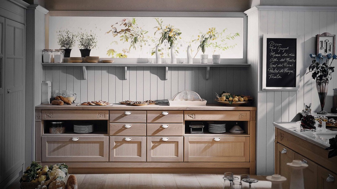 Cozy kitchen with natural wood cabinetry and elegant decor