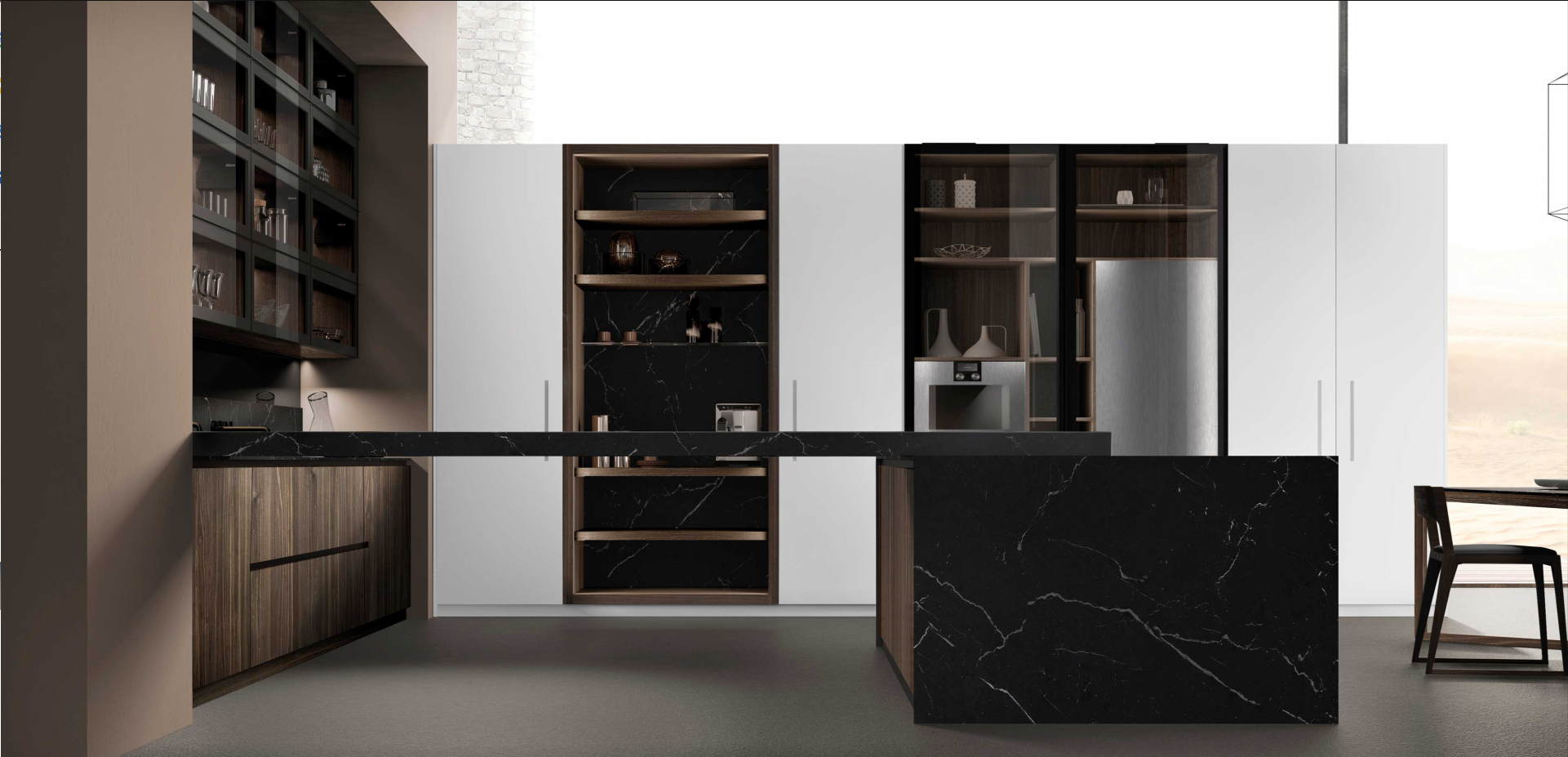 Modern kitchen with sleek black and wooden cabinetry, featuring an integrated coffee station.