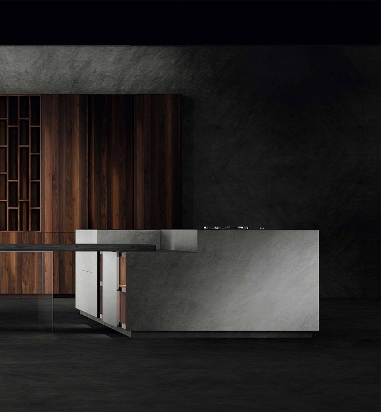 Modern kitchen design with dark wood cabinetry and a sleek, minimalist countertop.