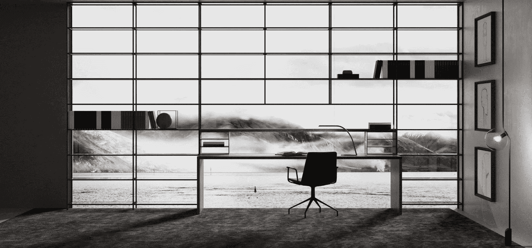 A minimalist office with a large grid window, monochromatic furniture, and artwork, overlooking a mountainous landscape.