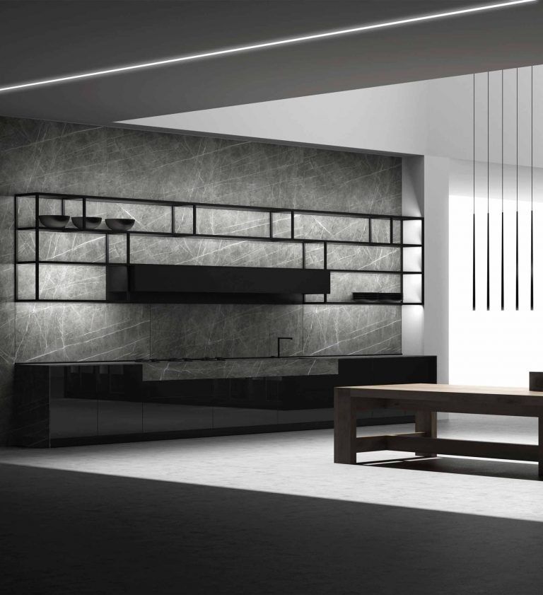 Modern luxury kitchen with sleek dark finishes, minimalist lighting, and open shelving.