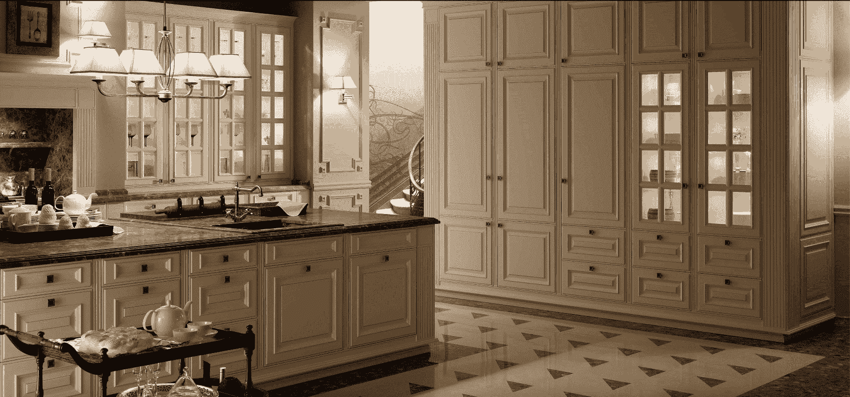 An opulent kitchen with cream cabinetry, marble countertops, chandeliers, and a decorative patterned floor, with a warm and inviting atmosphere.