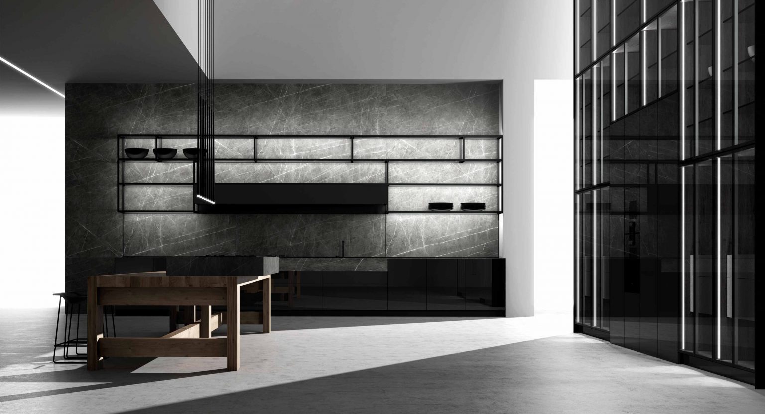 A modern European kitchens with sleek black cabinetry, illuminated open shelving, and textured gray stone walls, showcasing minimalist luxury design.