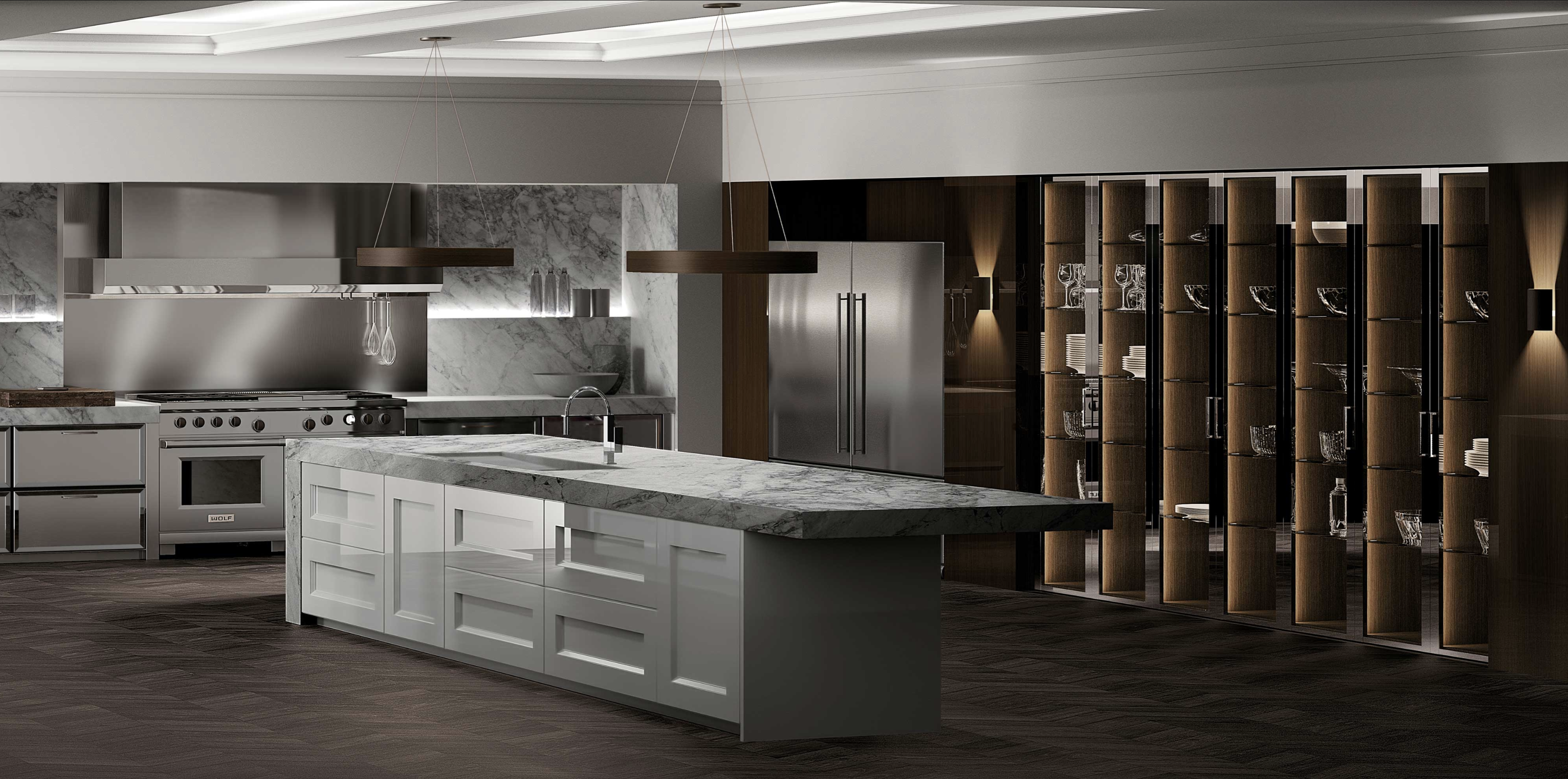 Modern transitional kitchen with marble countertops, sleek cabinetry, and pendant lighting.