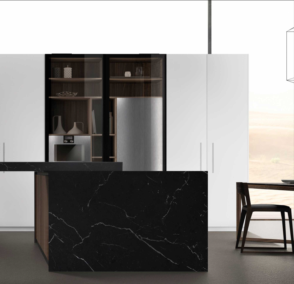 Modern kitchen with sleek black and wooden cabinetry, featuring an integrated coffee station.