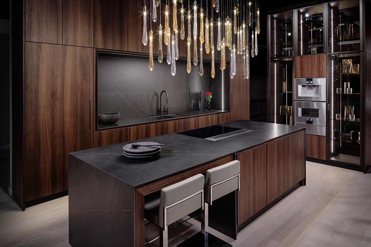 Alt text: Luxurious European-style Boston kitchen with dark wood cabinetry, black countertop island, modern lighting, and integrated appliances.