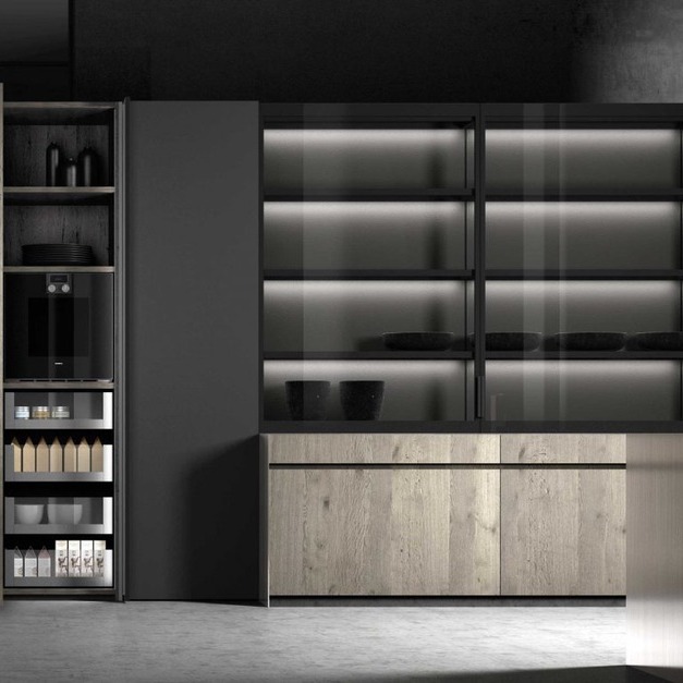 Modern kitchen with a sleek, dark storage unit featuring built-in appliances and well-organized shelves.