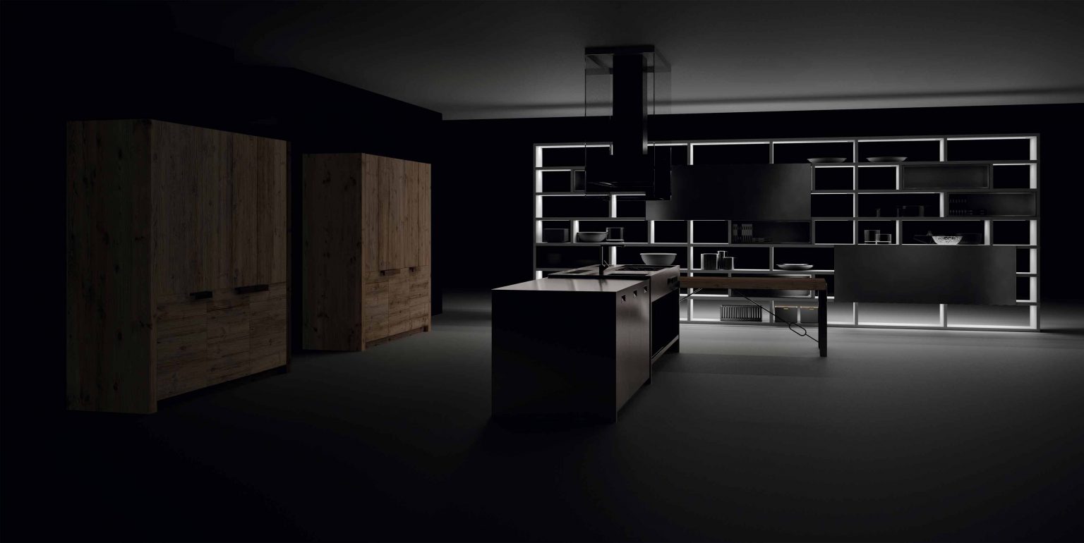 Modern luxury kitchen with dark tones, featuring sleek cabinetry, open shelving, and minimalist island design.