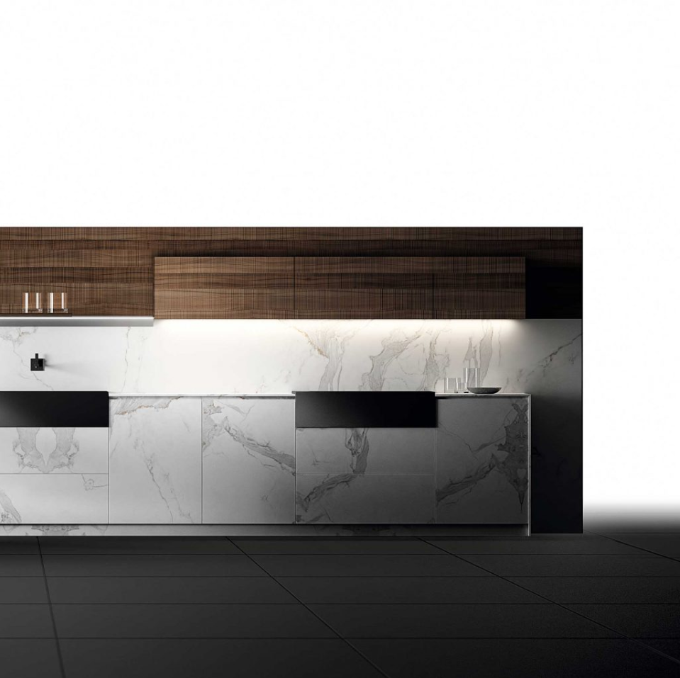 Sleek modern kitchen with dark wood cabinetry, white marble countertops, and minimalist design elements.