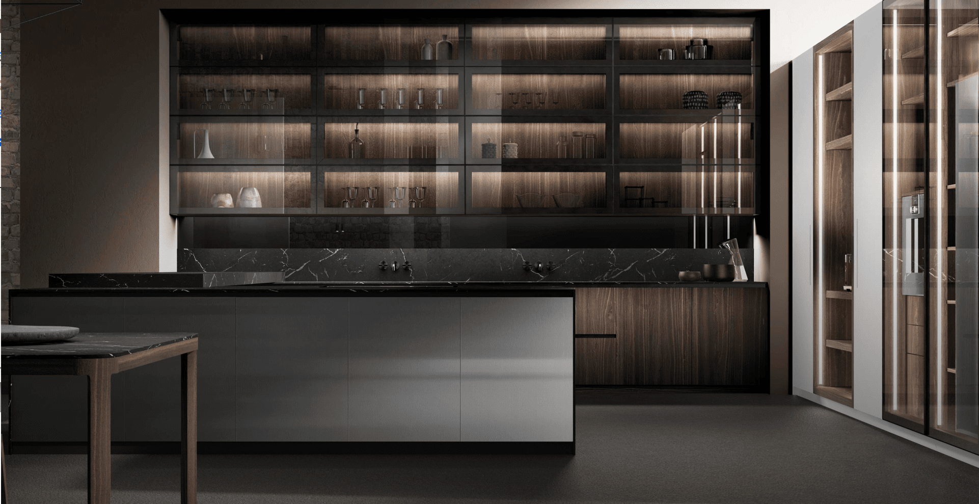 Minimalist European kitchen with sleek cabinetry, open shelving, and luxurious dark marble countertops, showcasing timeless design and elegance.