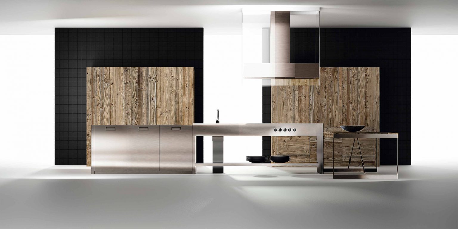 Modern kitchen with natural wood and stainless steel elements, blending rustic and contemporary styles.