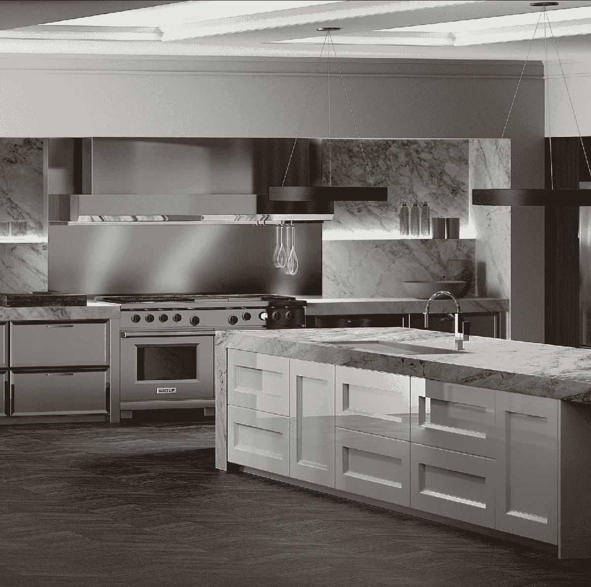 Modern transitional kitchen with marble countertops, sleek cabinetry, and pendant lighting.