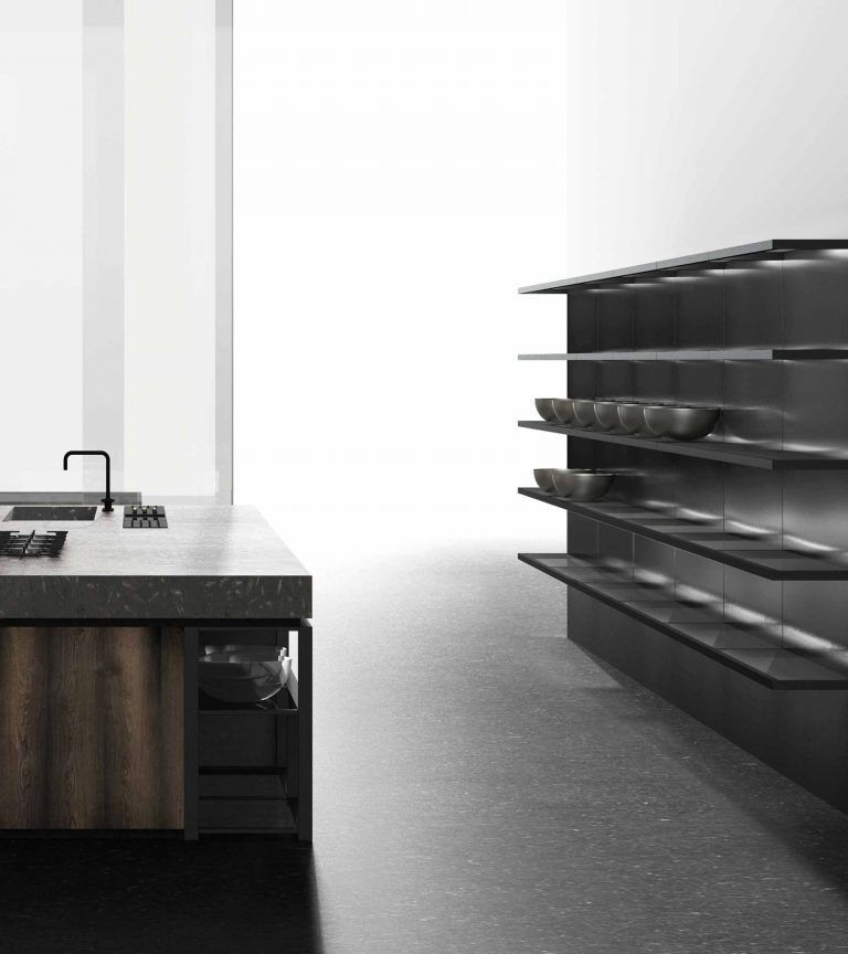 Modern luxury Boston kitchen cabinet with sleek black cabinetry, minimalist island with integrated sink and cooktop, and open shelving for a clean, contemporary design.