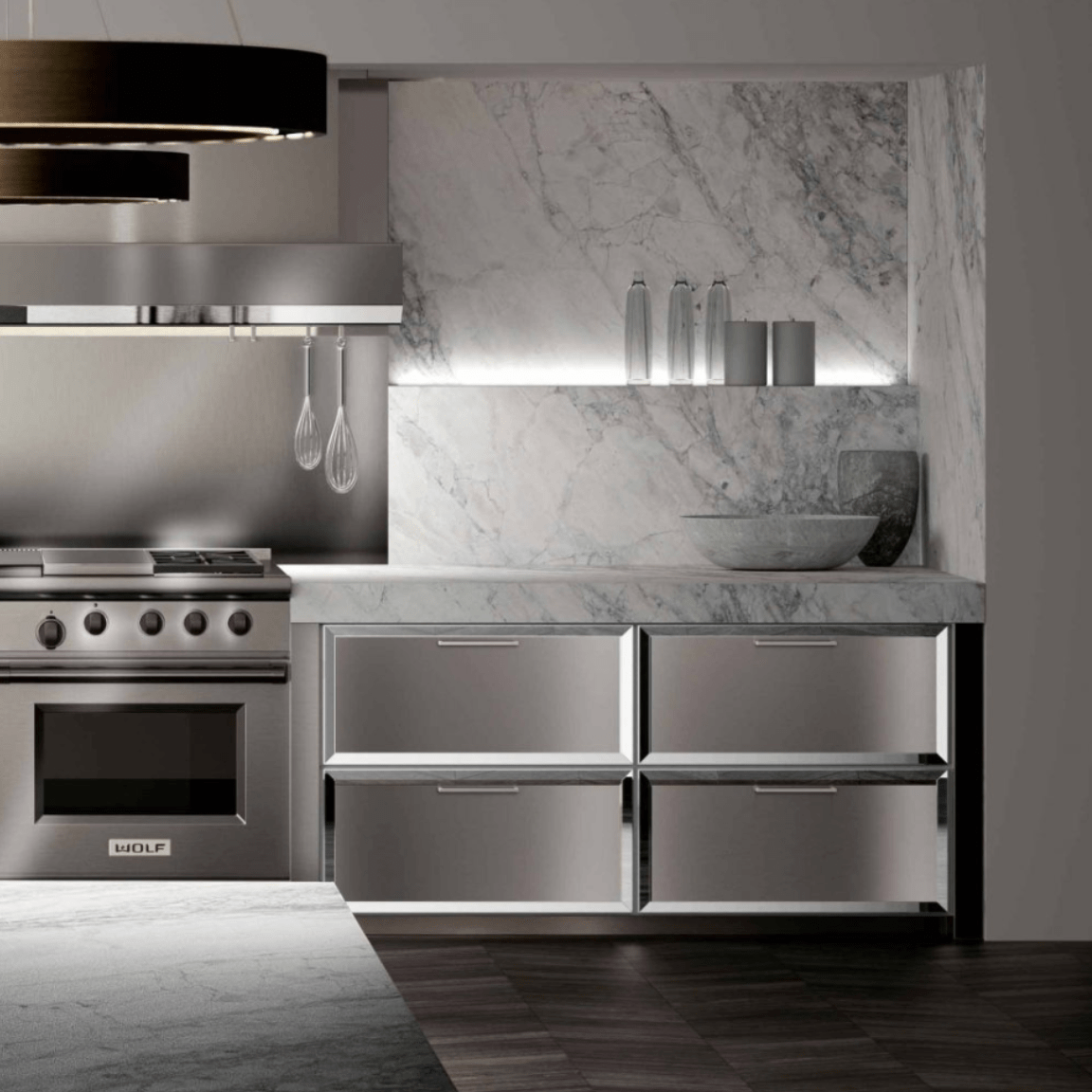 Transitional kitchen remodeling with stainless steel appliances, marble backsplash, and modern lighting for a sleek yet timeless design.