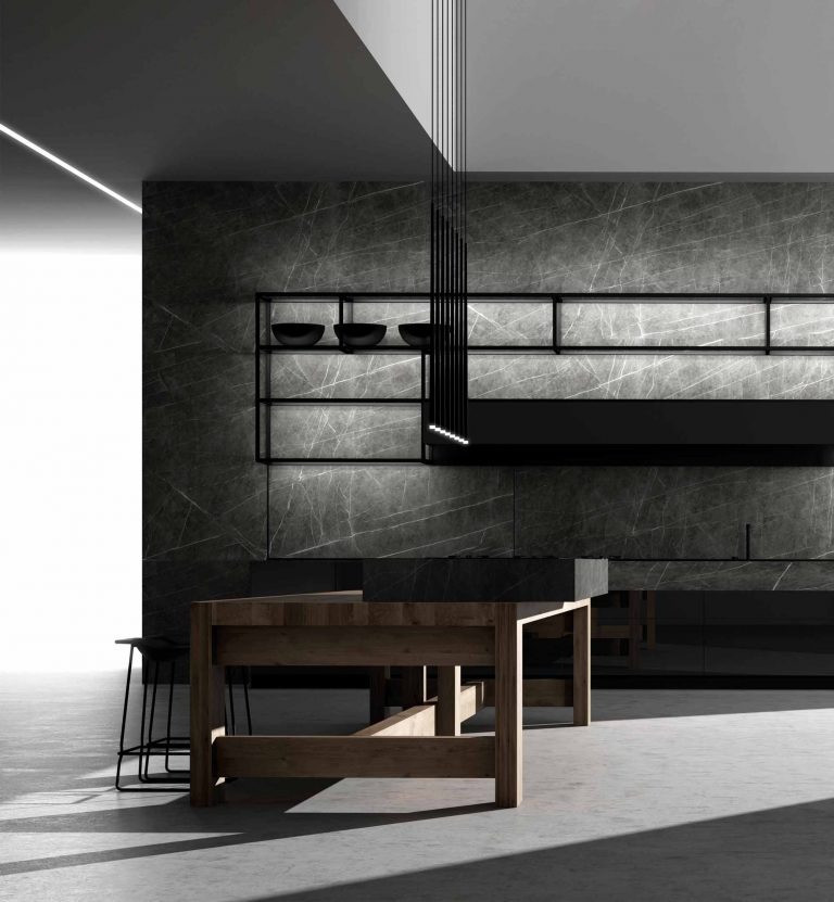 Modern kitchen design featuring dark marble walls, sleek open shelving, and minimalist black cabinetry with integrated lighting.