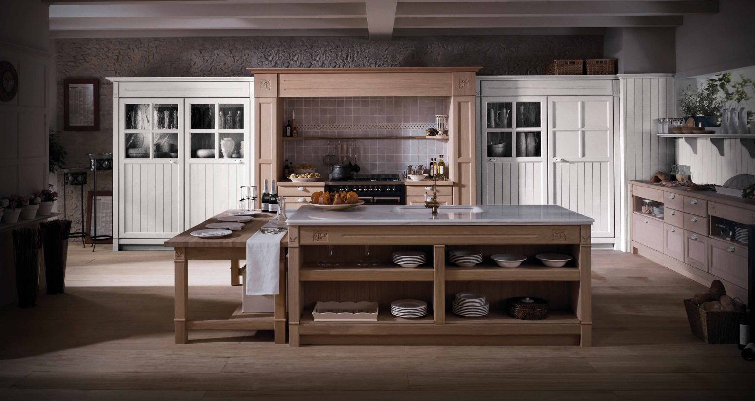 Modern kitchen with a large island and light wood cabinets