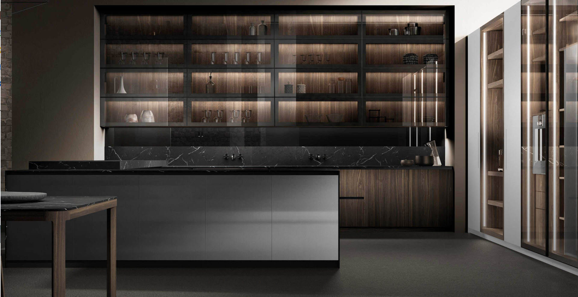 Modern luxury kitchen design with sleek, dark cabinetry and integrated lighting