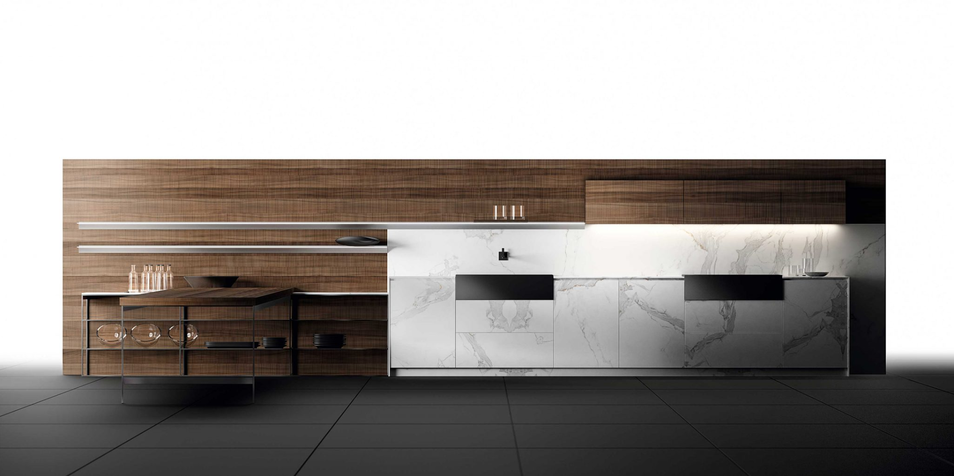 Sleek modern kitchen with dark wood cabinetry, white marble countertops, and minimalist design elements.