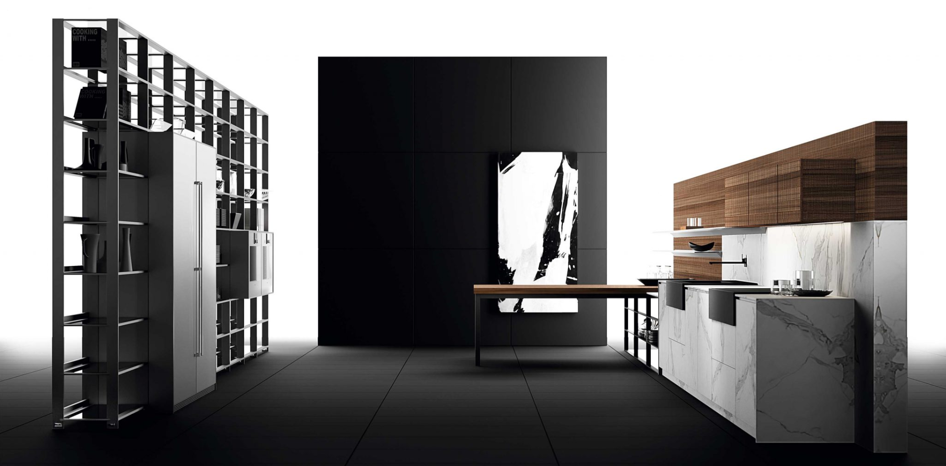 Modern kitchen with sleek black and wood cabinetry, featuring a minimalist design