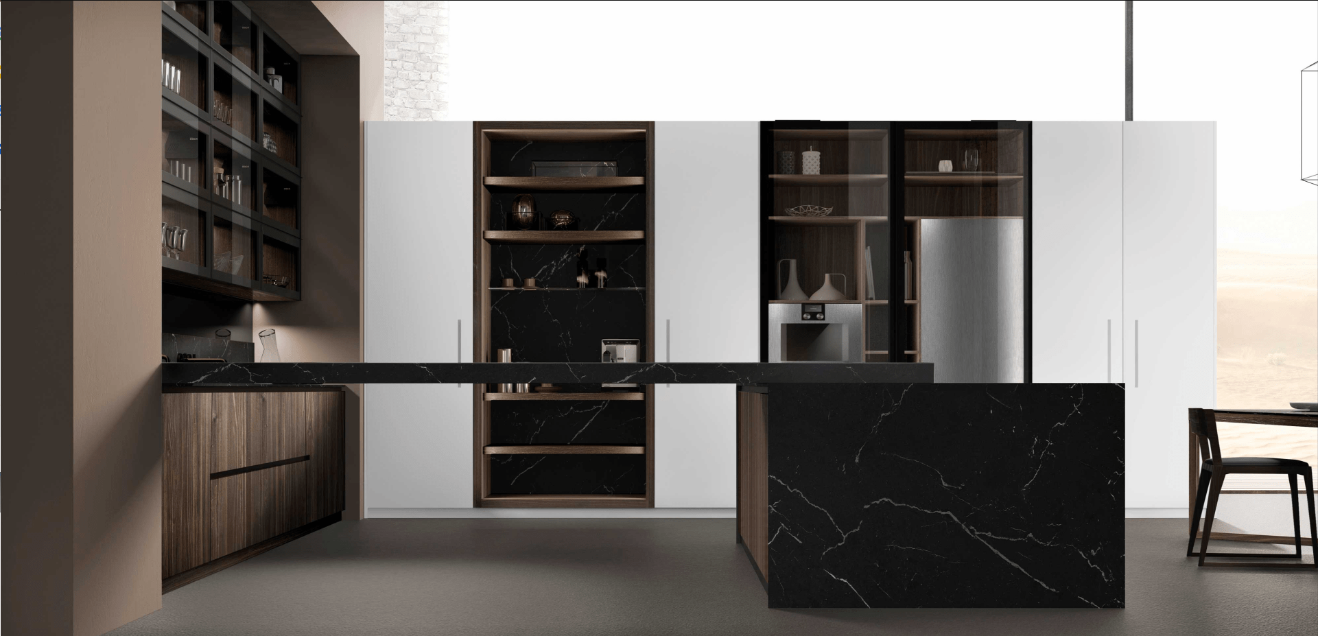 Modern European kitchen with sleek black marble countertops, wood panel cabinets, and open shelving design, blending contemporary aesthetics and functionality