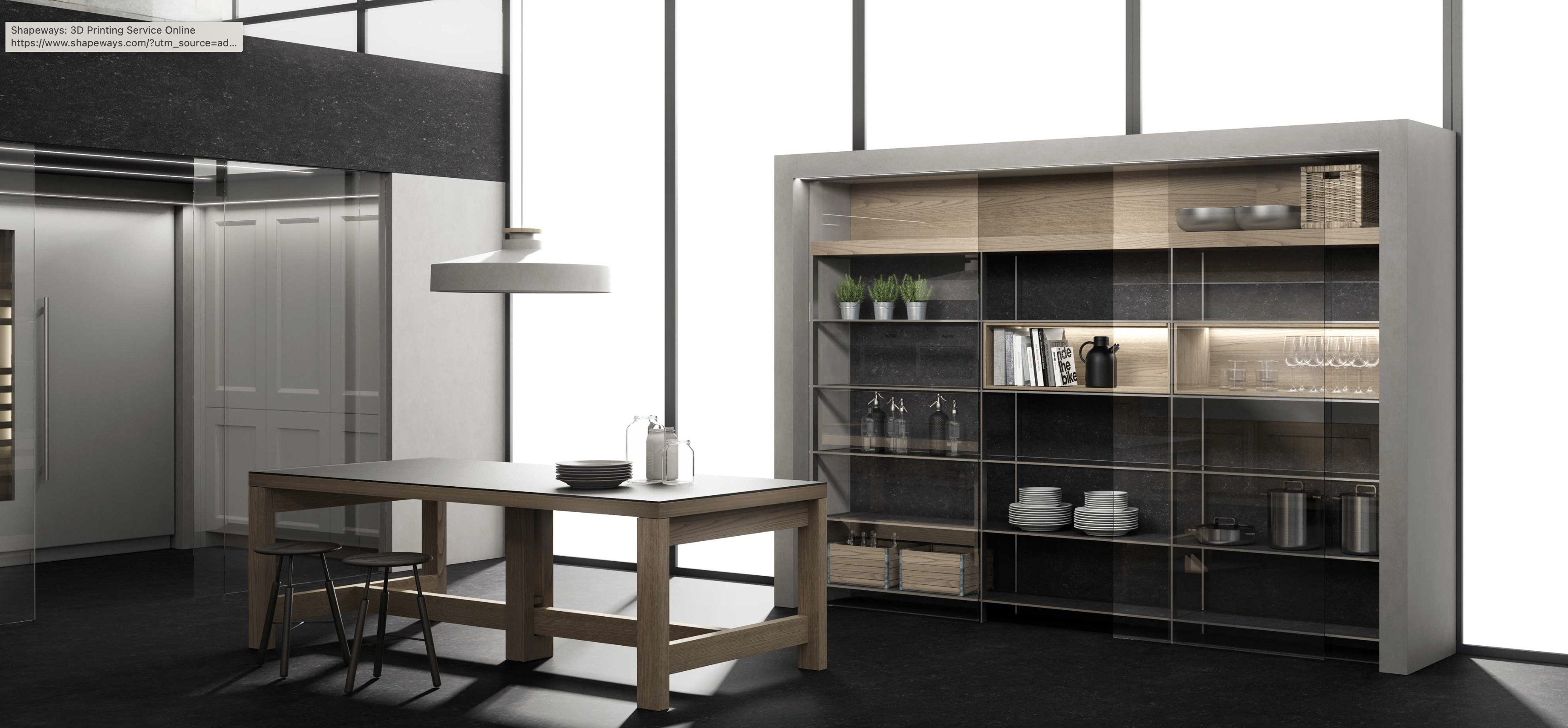 Modern kitchen with a minimalist dining table, pendant light, and a large shelving unit showcasing neatly arranged dishware and decor.