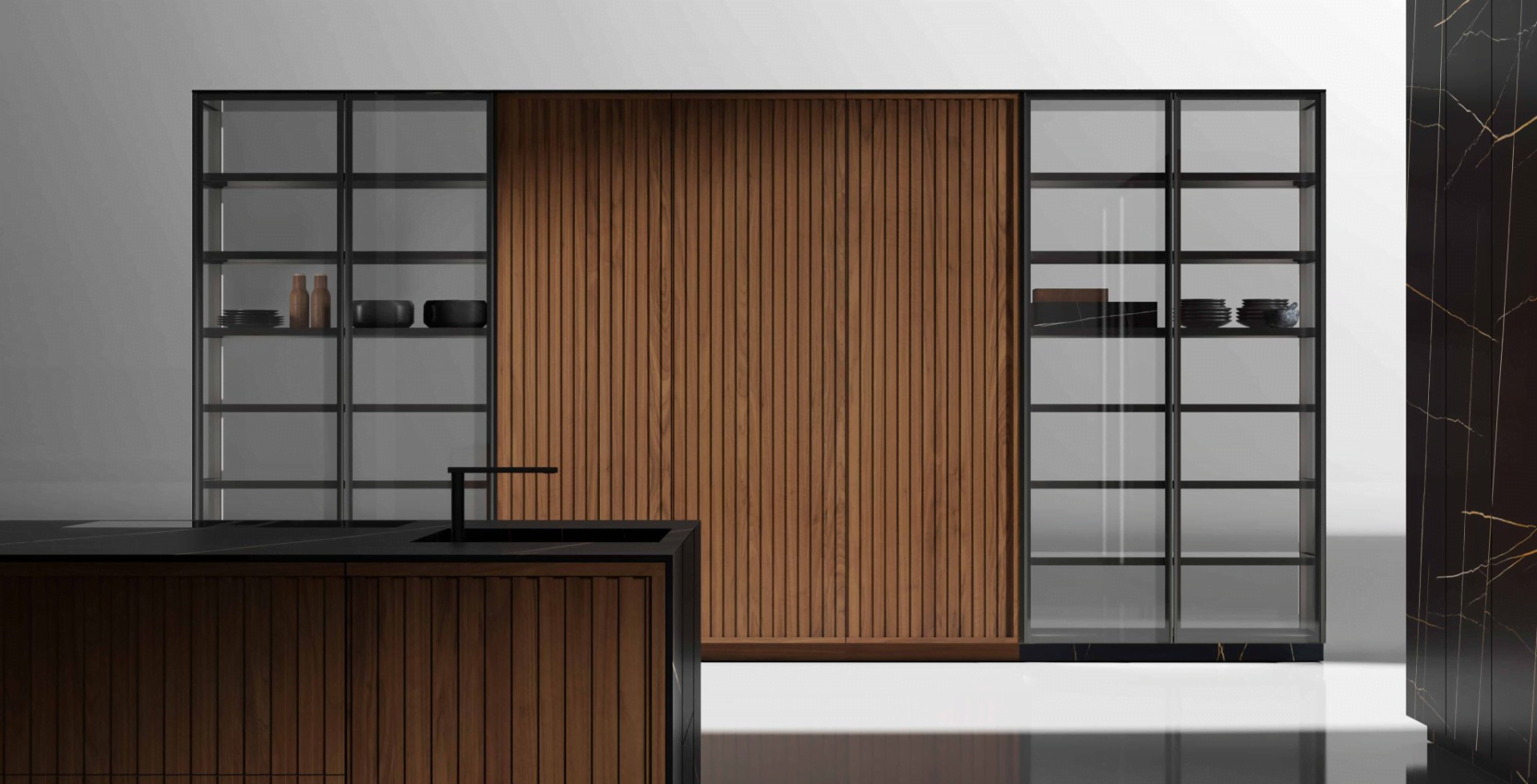 Transitional kitchen with glass shelving, wood-paneled cabinetry, and a sleek black countertop, blending classic warmth with modern elegance.