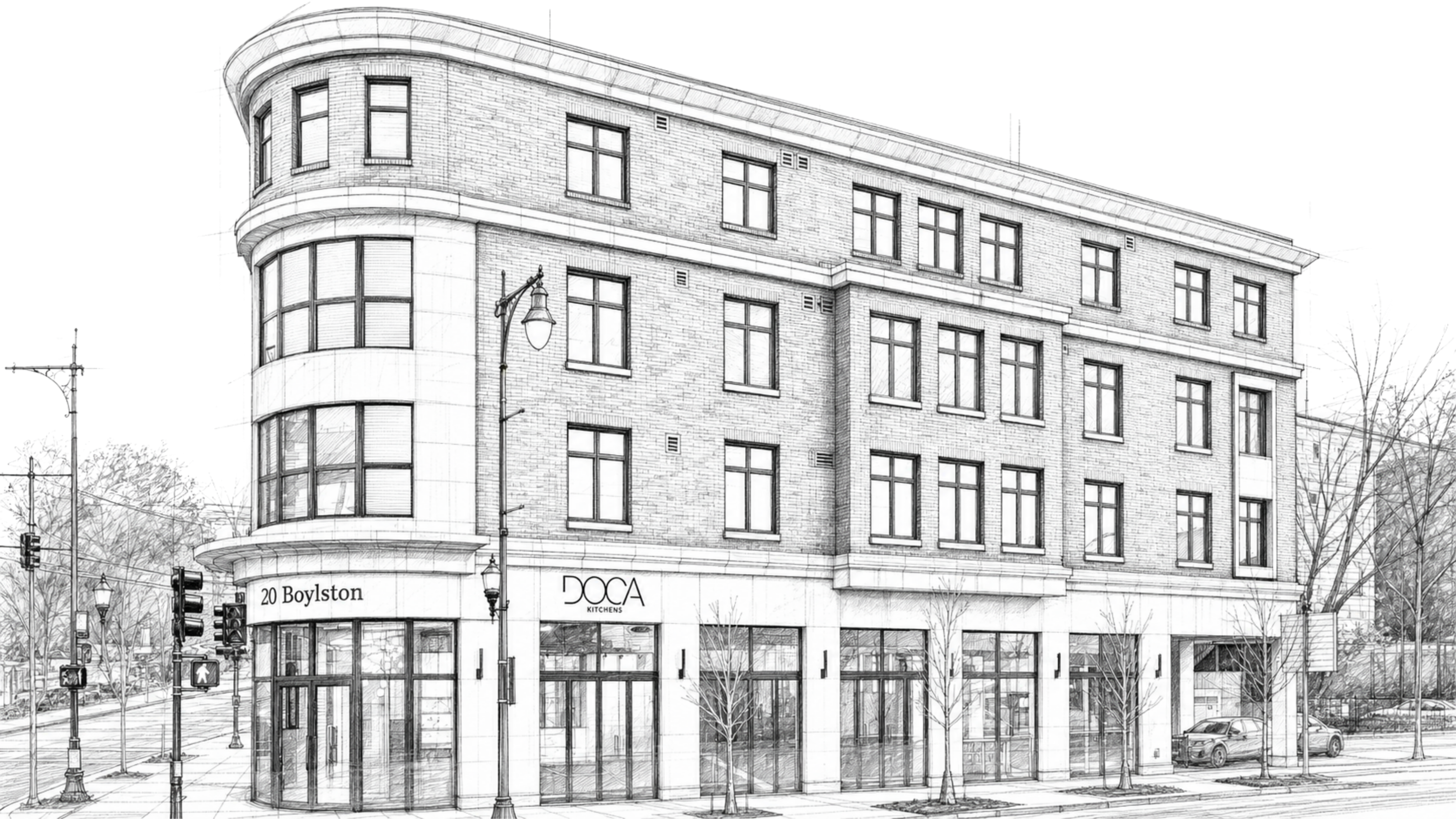 Hand-drawn architectural illustration of the DOCA Boston showroom at 20 Boylston Street