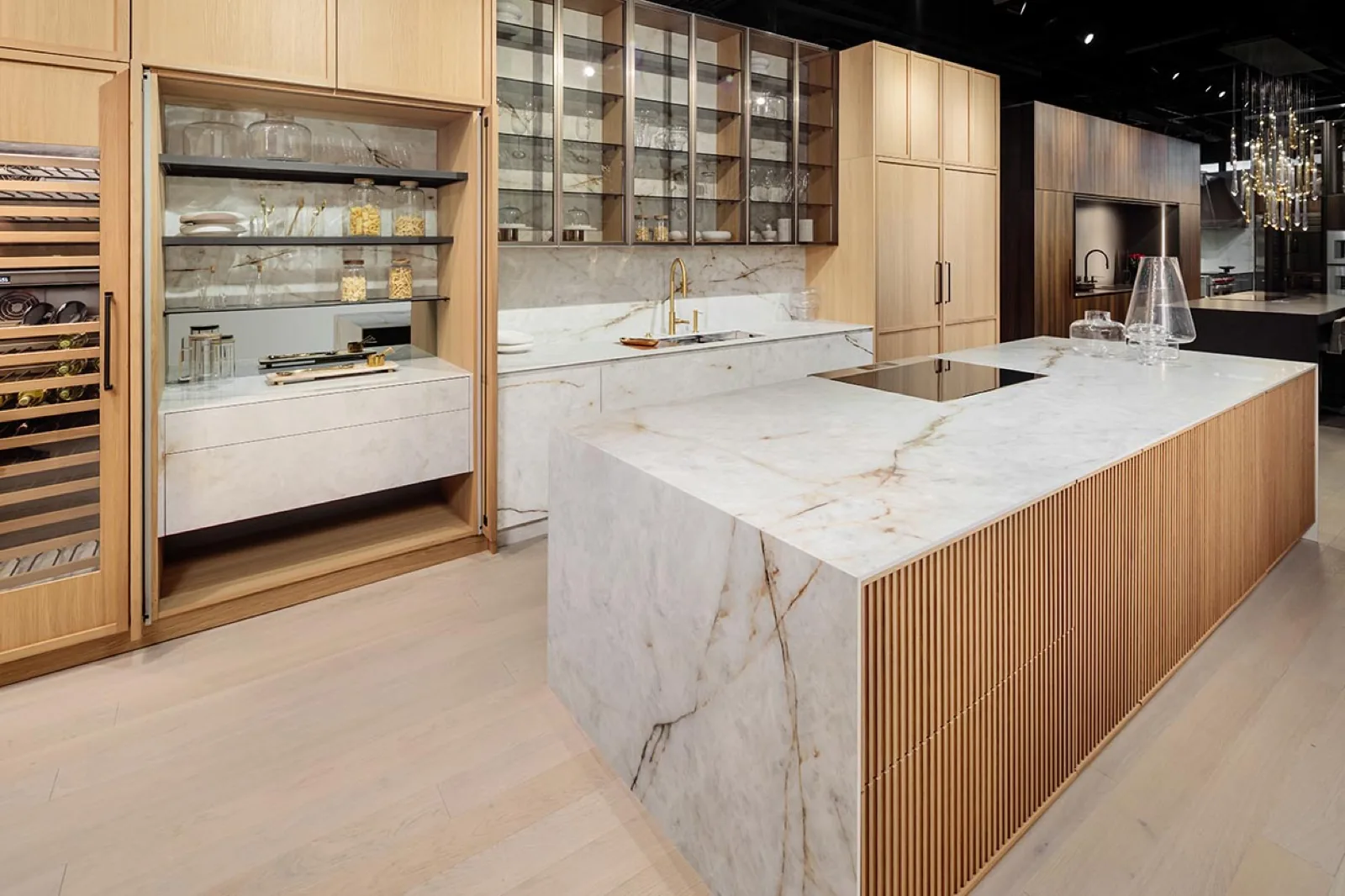 Light oak DOCA kitchen display in the Brookline showroom
