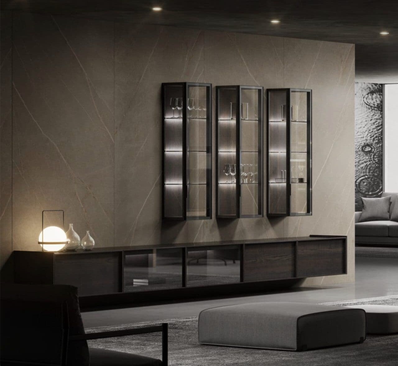 Dark DOCA living room with illuminated display cabinetry and low storage