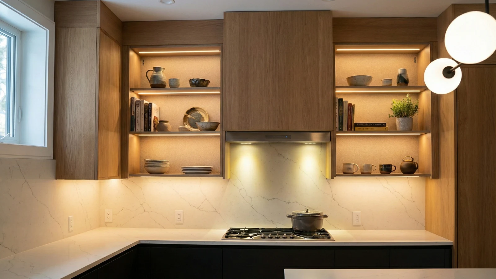 Warm oak cooktop wall with illuminated display niches and a pale veined backsplash