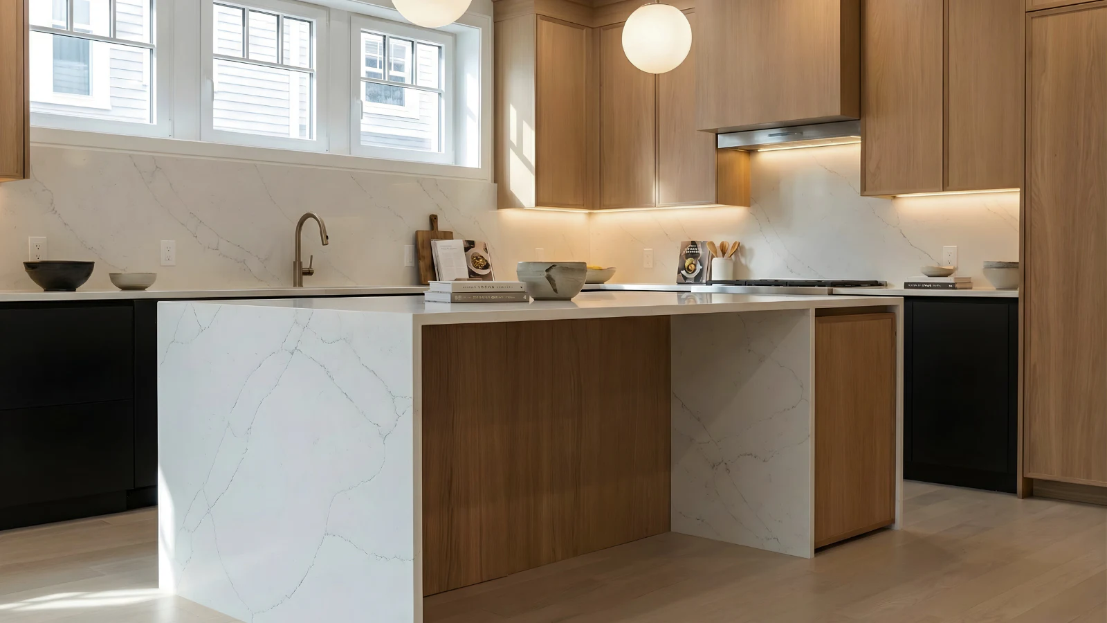 Warm oak Brookline kitchen with a pale veined island and dark working cabinetry