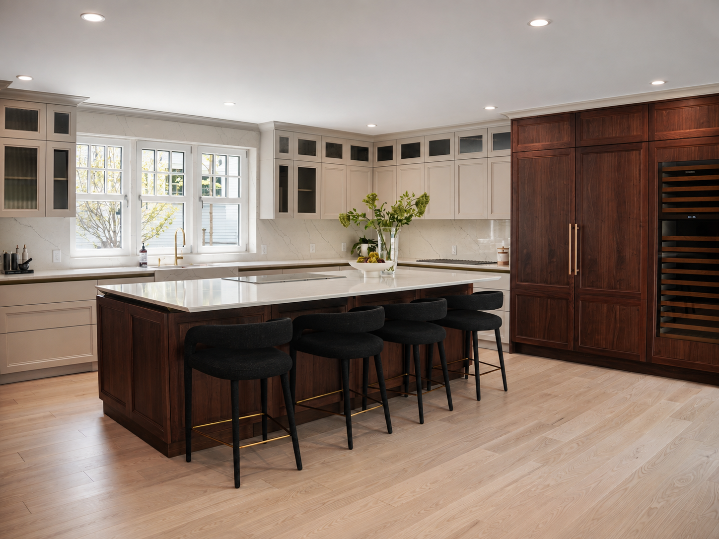 Dark wood kitchen island with seating and dining area on Clinton Road
