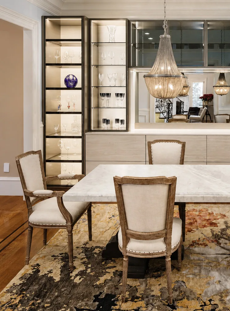 Oak veneer and framed glass cabinetry in the Modern Heritage Newton interior
