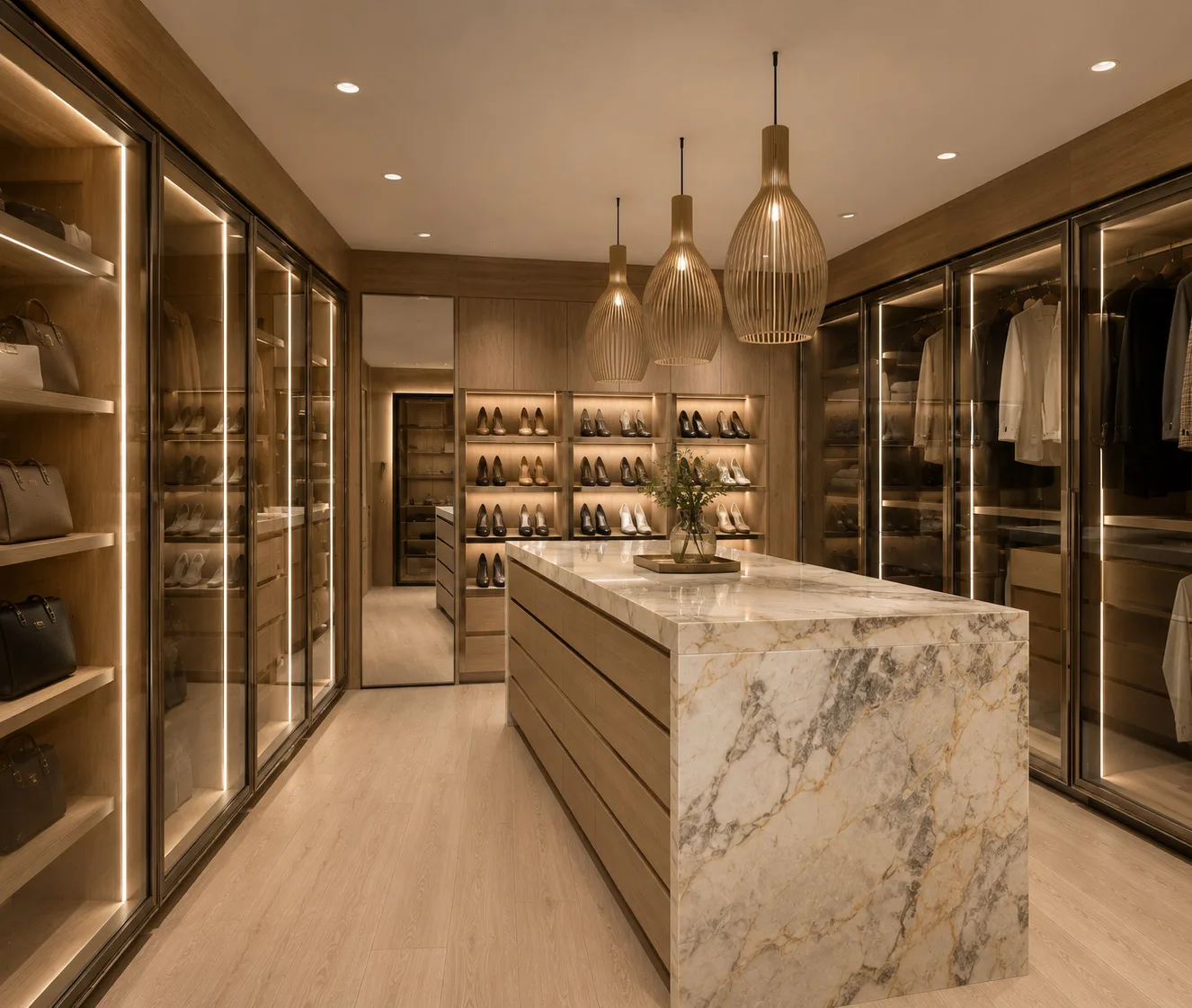 Dressing room with illuminated wardrobes and central stone island in Swampscott