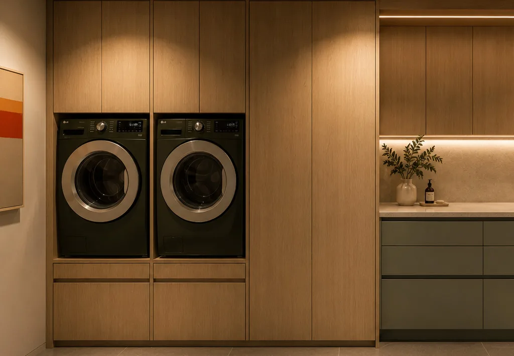 Integrated laundry storage with wood cabinetry in the Swampscott residence