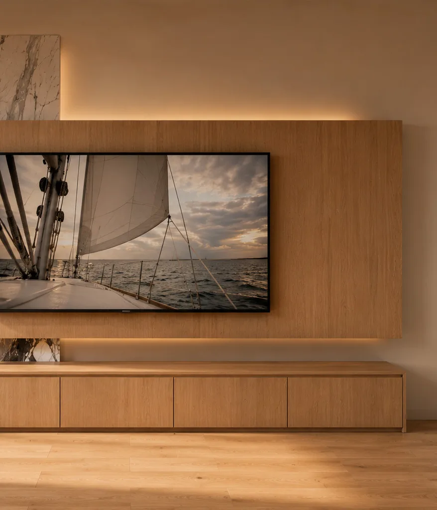 White oak media wall with integrated cabinetry in the Swampscott residence