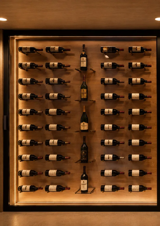 Architectural wine display with brass pegs and illuminated wood surround in Swampscott
