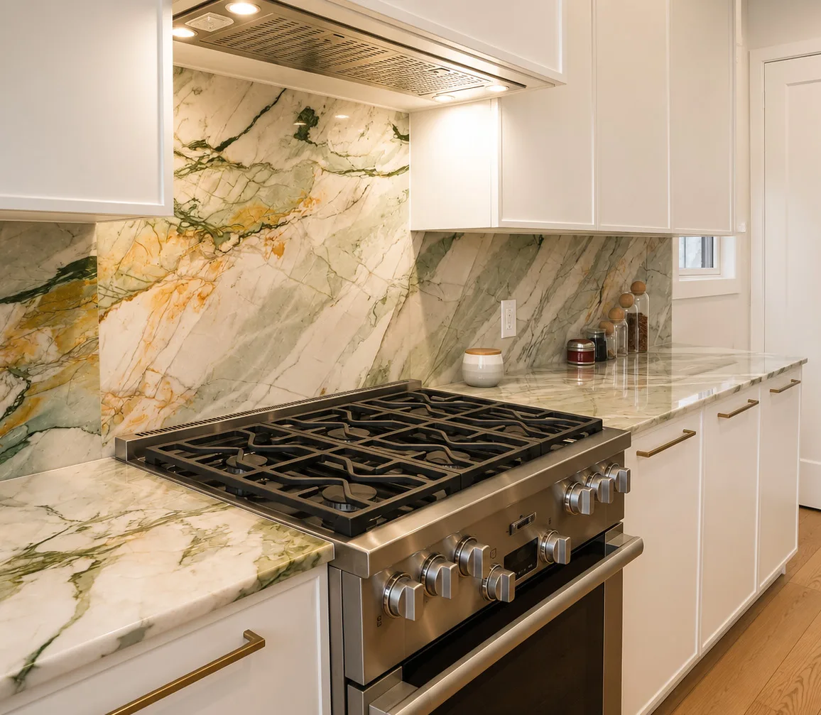 Lacquer cabinetry and veined natural-stone backsplash in the Spring Tide kitchen