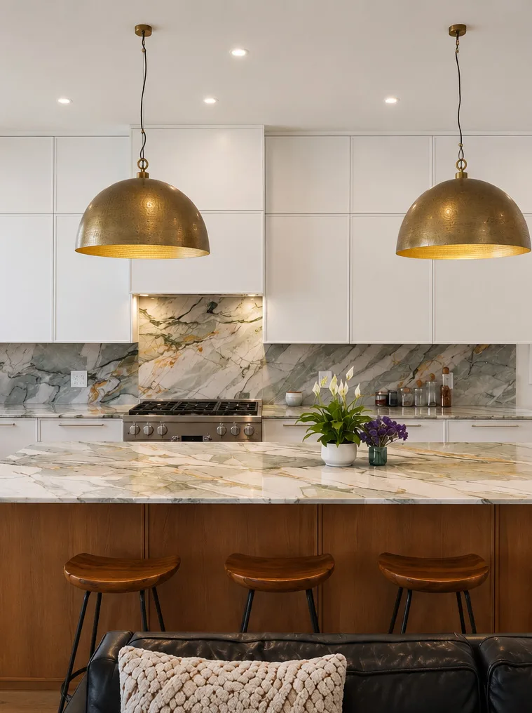 Natural-stone backsplash and brass pendants above the Spring Tide kitchen island