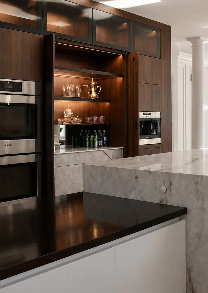 Walnut veneer cabinetry and illuminated bar storage in the Spring Tide kitchen