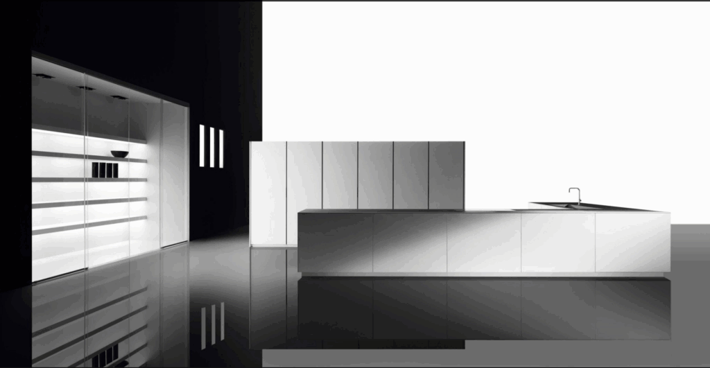 Minimalist white kitchen design with sleek cabinetry and a modern, reflective finish.