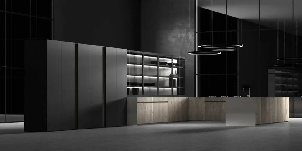 A modern, monochromatic kitchen with matte black and wood-textured cabinetry, minimalist lighting fixtures, and a large central island in a dimly lit, contemporary space.