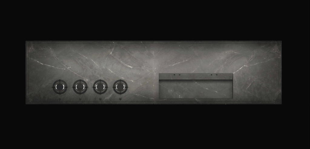 A sleek, modern kitchen appliance panel with a dark, luxurious marble finish featuring integrated burners and a minimalist design.
